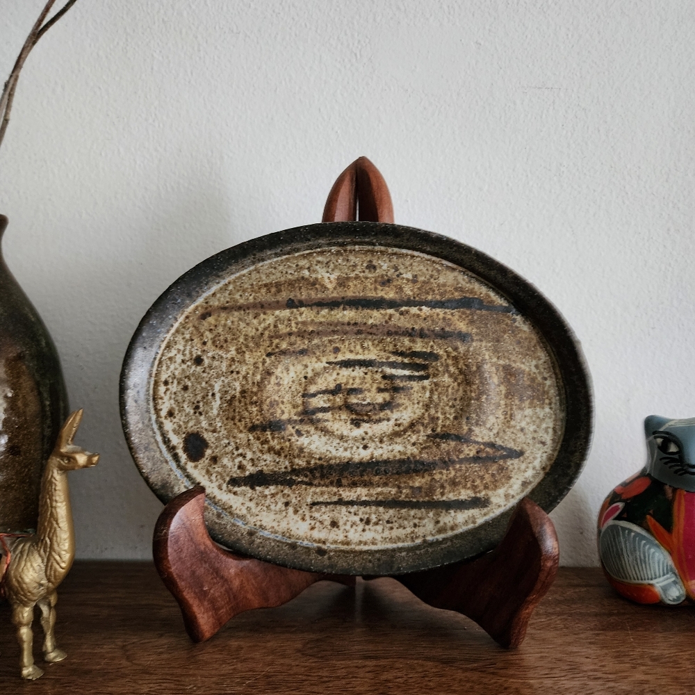 MCM Stoneware Glazed Pottery Artist Signed Small Oval Shaped Plate